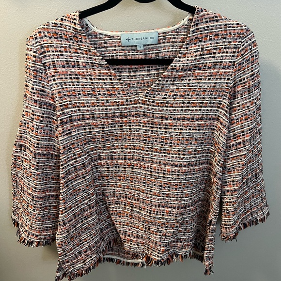 Tuckernuck Belfast Blouse Tweed V-Neck Fringe Trim Relaxed Fit Size Small - Picture 2 of 5